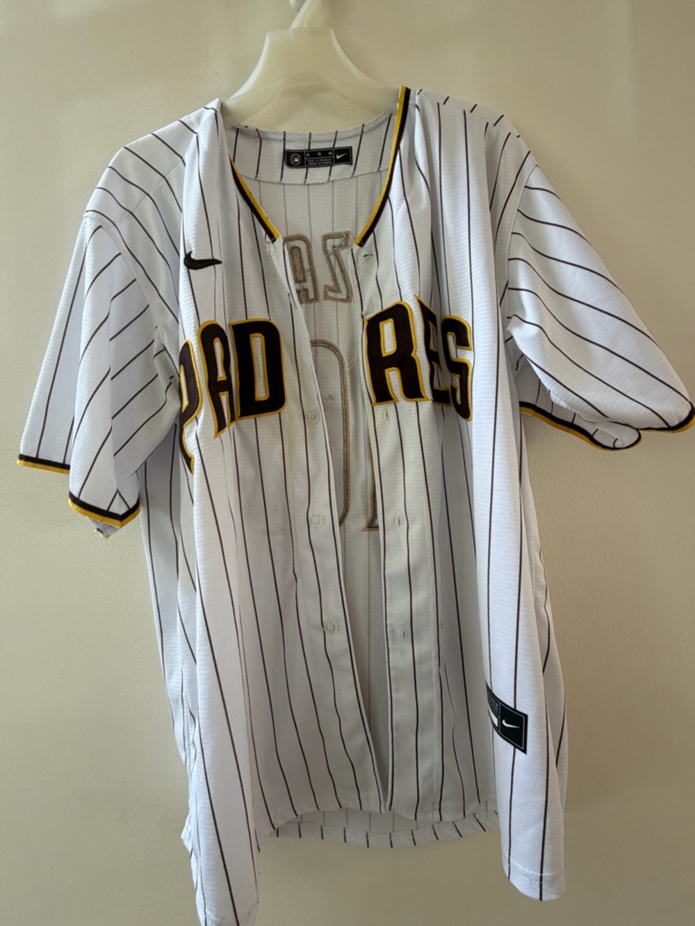 Nike White Pinstripe Baseball Jersey with Yellow Trim Padres #16